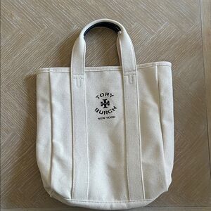 Tory Burch Cream Canvas Tote with Navy Logo